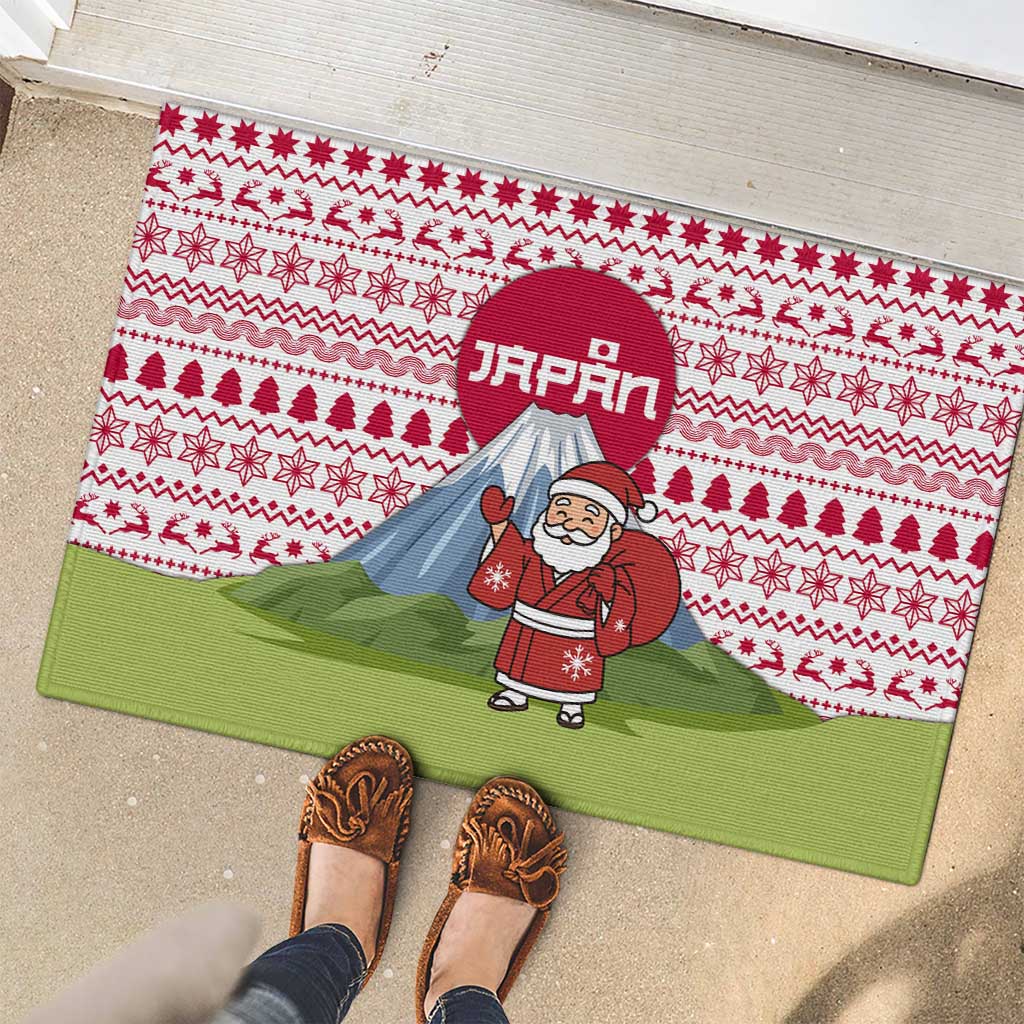 Japan Christmas Rubber Doormat with Santa Mount Fuji Rising Sun and Festive Pattern Design - Wonder Print Shop