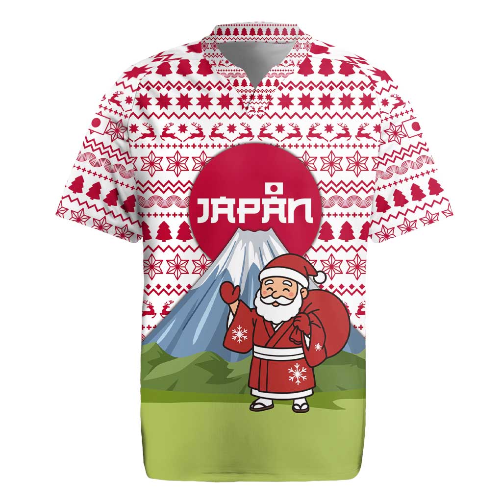 Japan Christmas Rugby Jersey with Santa Mount Fuji Rising Sun and Festive Pattern Design - Wonder Print Shop