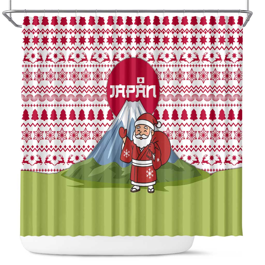 Japan Christmas Shower Curtain with Santa Mount Fuji Rising Sun and Festive Pattern Design - Wonder Print Shop