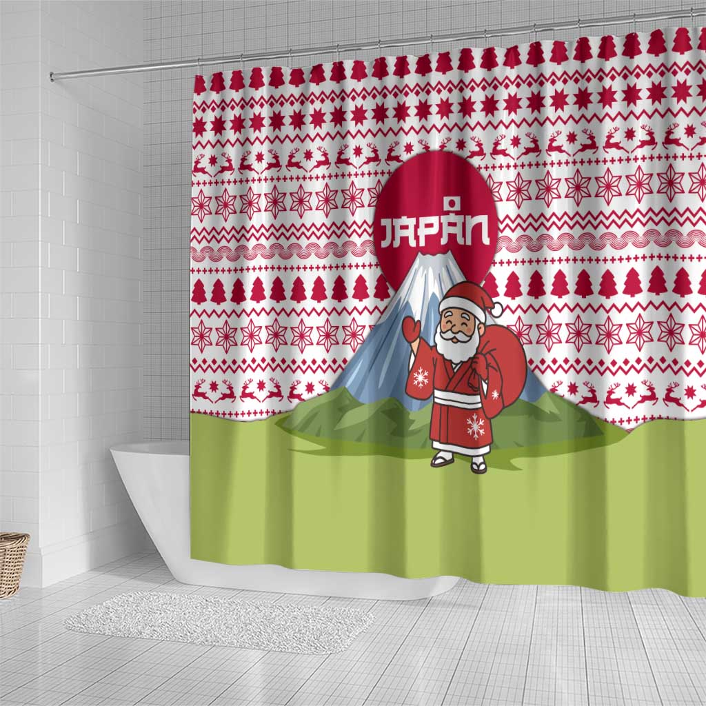 Japan Christmas Shower Curtain with Santa Mount Fuji Rising Sun and Festive Pattern Design - Wonder Print Shop