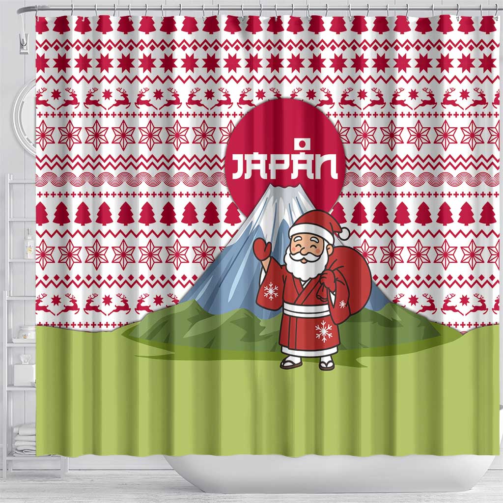 Japan Christmas Shower Curtain with Santa Mount Fuji Rising Sun and Festive Pattern Design - Wonder Print Shop