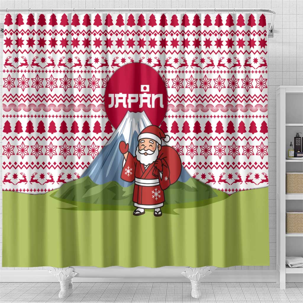 Japan Christmas Shower Curtain with Santa Mount Fuji Rising Sun and Festive Pattern Design - Wonder Print Shop