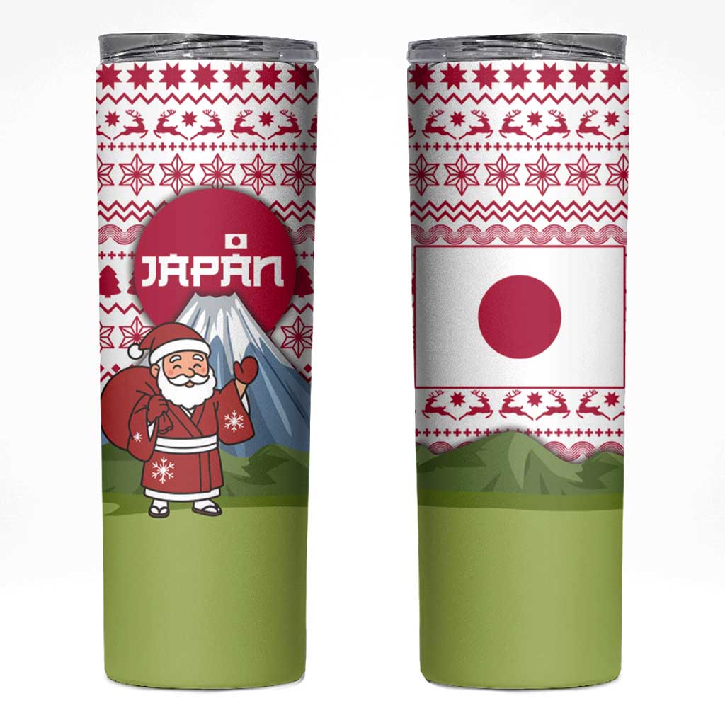 Japan Christmas Skinny Tumbler with Santa Mount Fuji Rising Sun and Festive Pattern Design - Wonder Print Shop