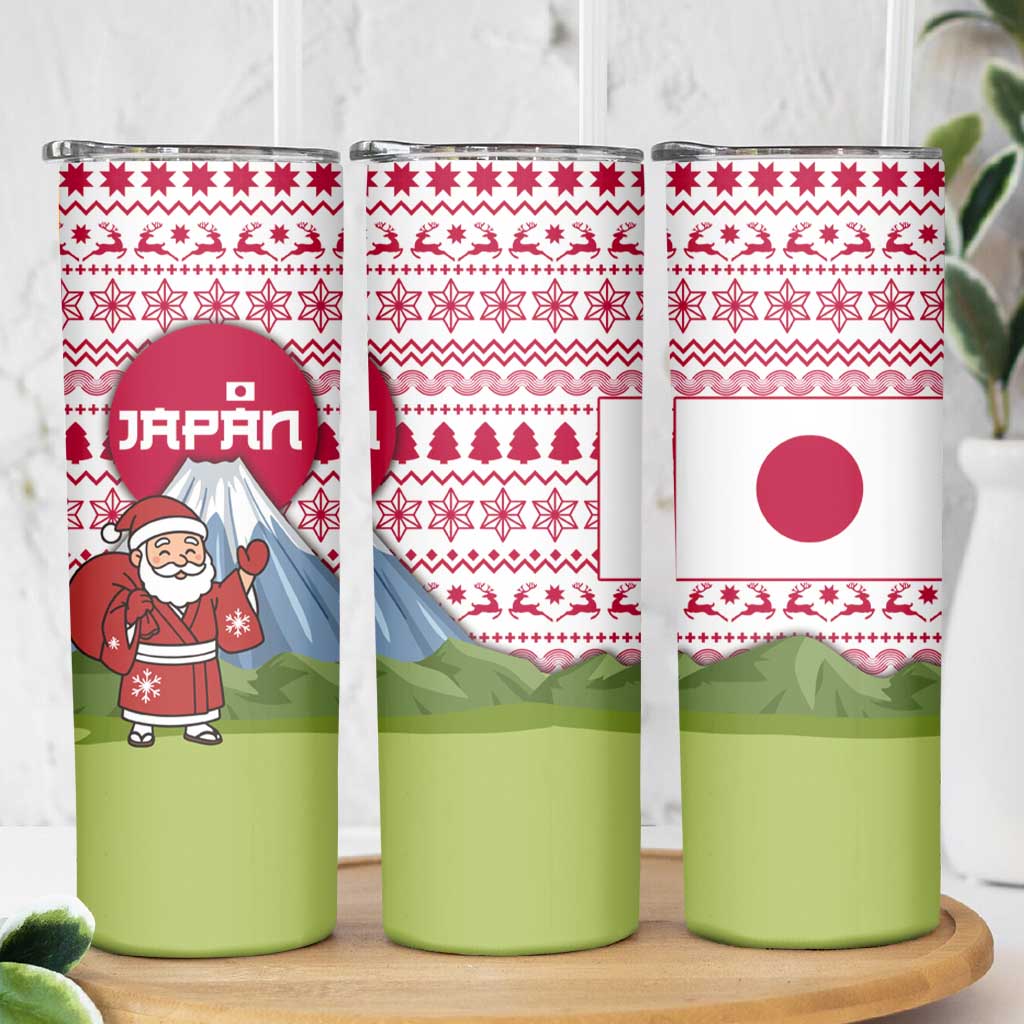 Japan Christmas Skinny Tumbler with Santa Mount Fuji Rising Sun and Festive Pattern Design - Wonder Print Shop