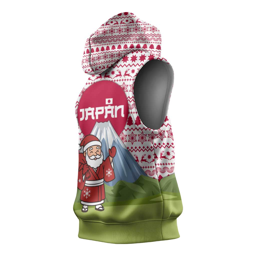 Japan Christmas Sleeveless Hoodie with Santa Mount Fuji Rising Sun and Festive Pattern Design - Wonder Print Shop