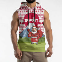 Japan Christmas Sleeveless Hoodie with Santa Mount Fuji Rising Sun and Festive Pattern Design - Wonder Print Shop