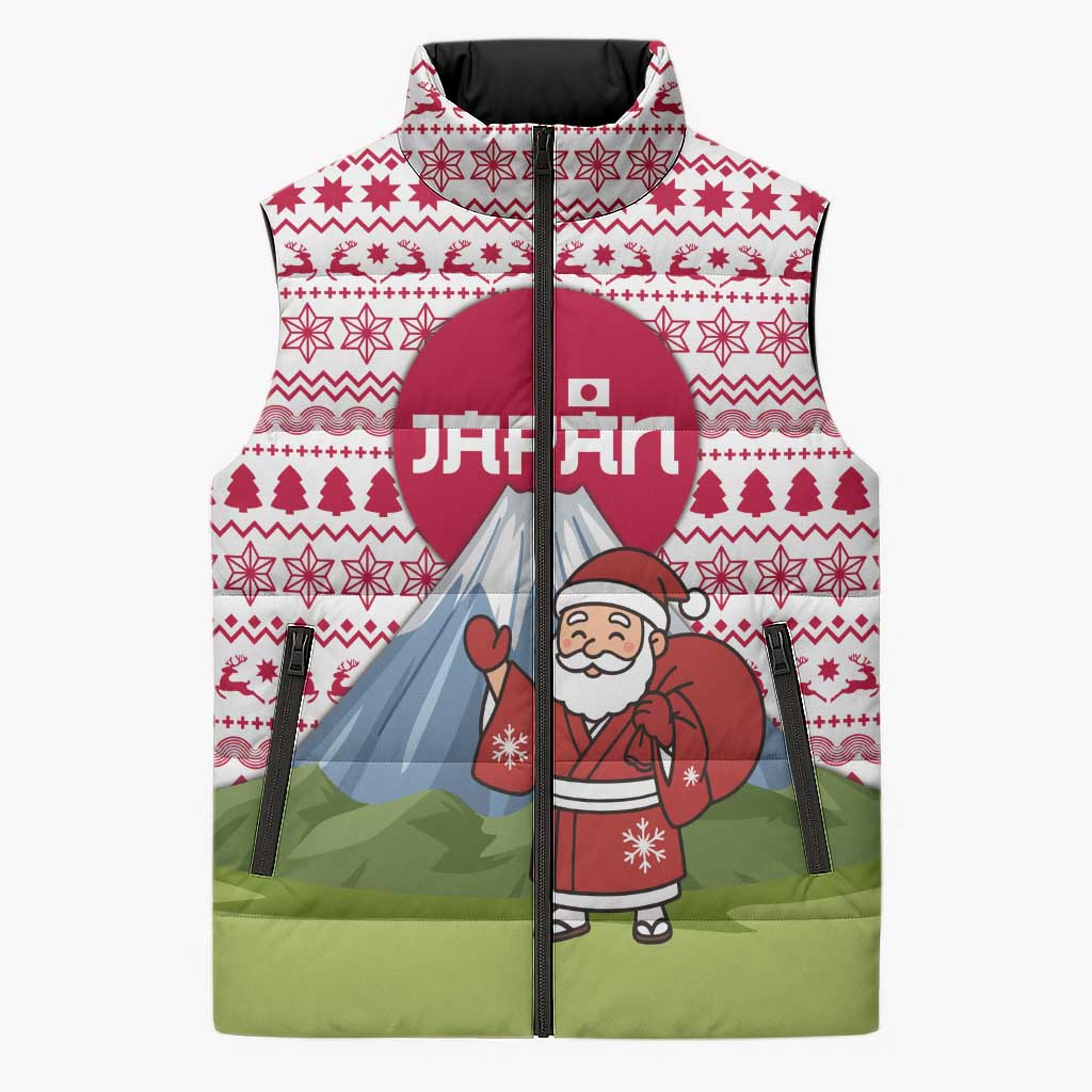 Japan Christmas Sleeveless Puffer Jacket with Santa Mount Fuji Rising Sun and Festive Pattern Design - Wonder Print Shop