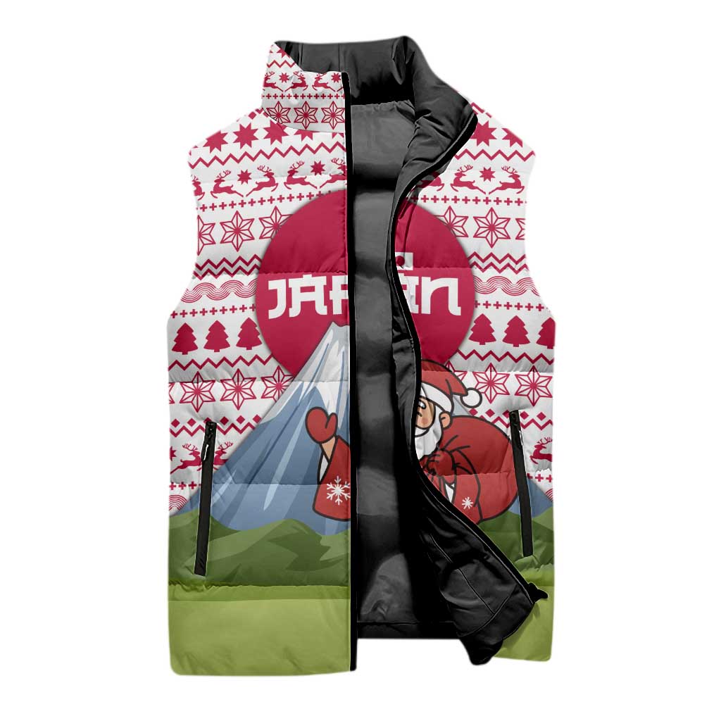 Japan Christmas Sleeveless Puffer Jacket with Santa Mount Fuji Rising Sun and Festive Pattern Design - Wonder Print Shop
