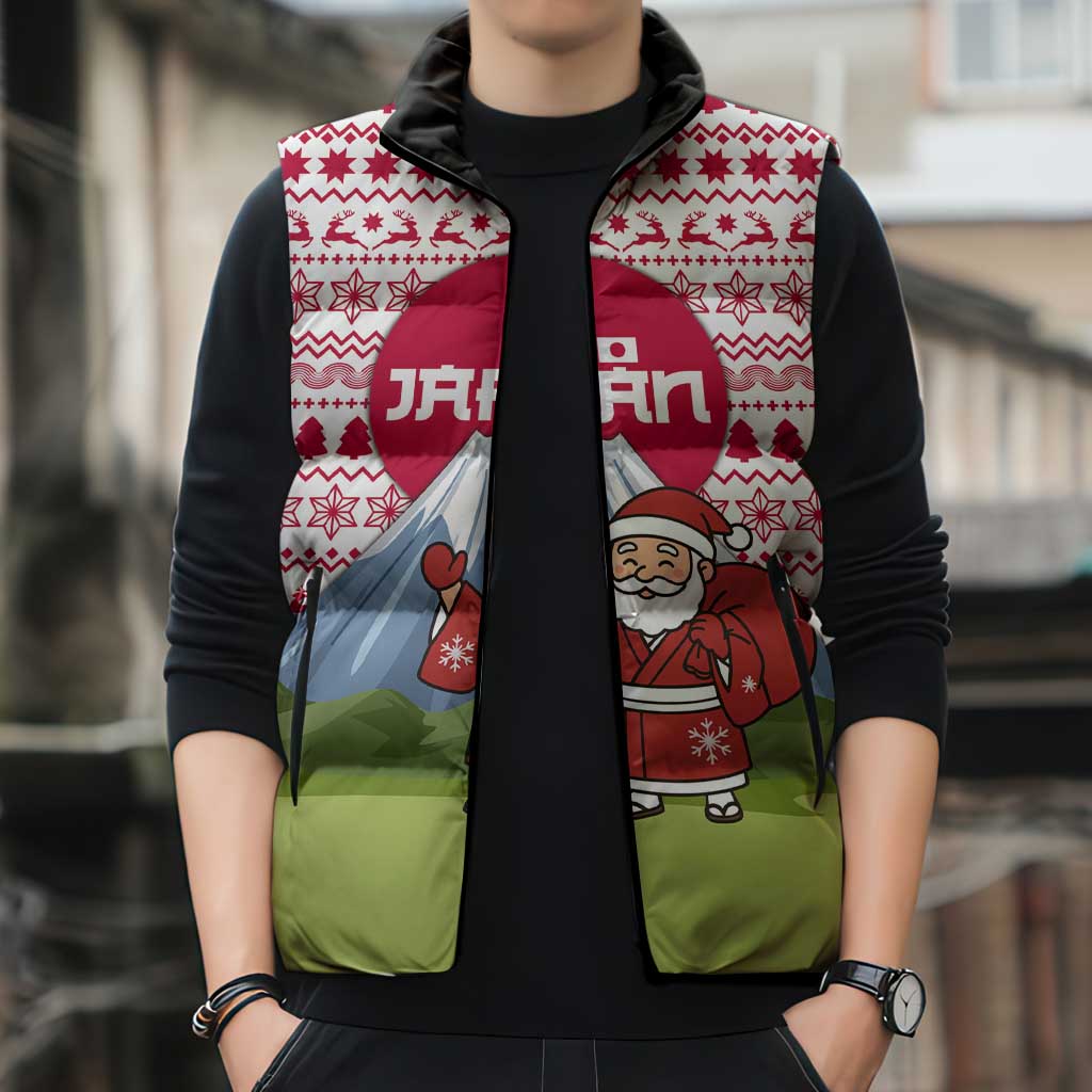 Japan Christmas Sleeveless Puffer Jacket with Santa Mount Fuji Rising Sun and Festive Pattern Design - Wonder Print Shop