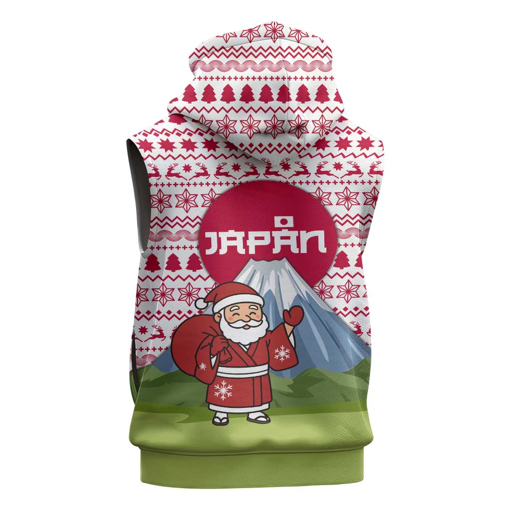 Japan Christmas Sleeveless Zip Hoodie with Santa Mount Fuji Rising Sun and Festive Pattern Design - Wonder Print Shop