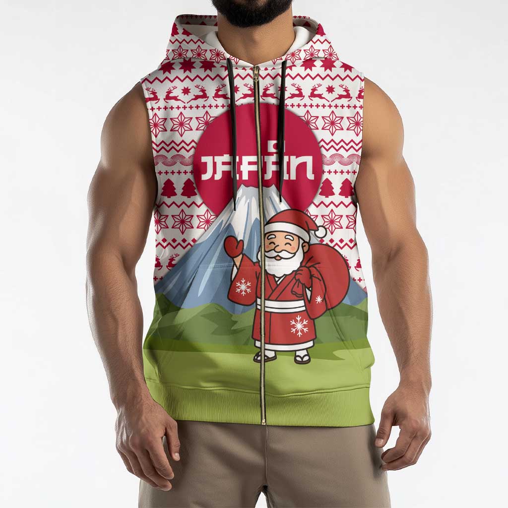Japan Christmas Sleeveless Zip Hoodie with Santa Mount Fuji Rising Sun and Festive Pattern Design - Wonder Print Shop