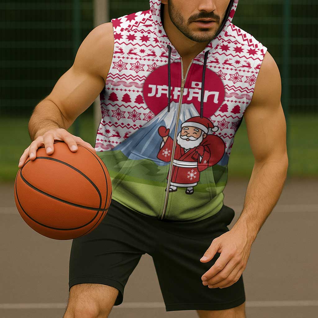 Japan Christmas Sleeveless Zip Hoodie with Santa Mount Fuji Rising Sun and Festive Pattern Design - Wonder Print Shop