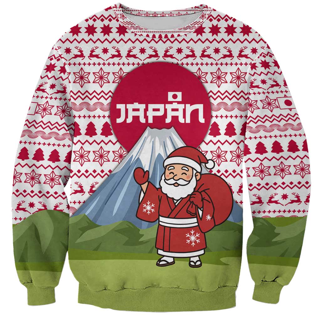 Japan Christmas Sweatshirt with Santa Mount Fuji Rising Sun and Festive Pattern Design - Wonder Print Shop