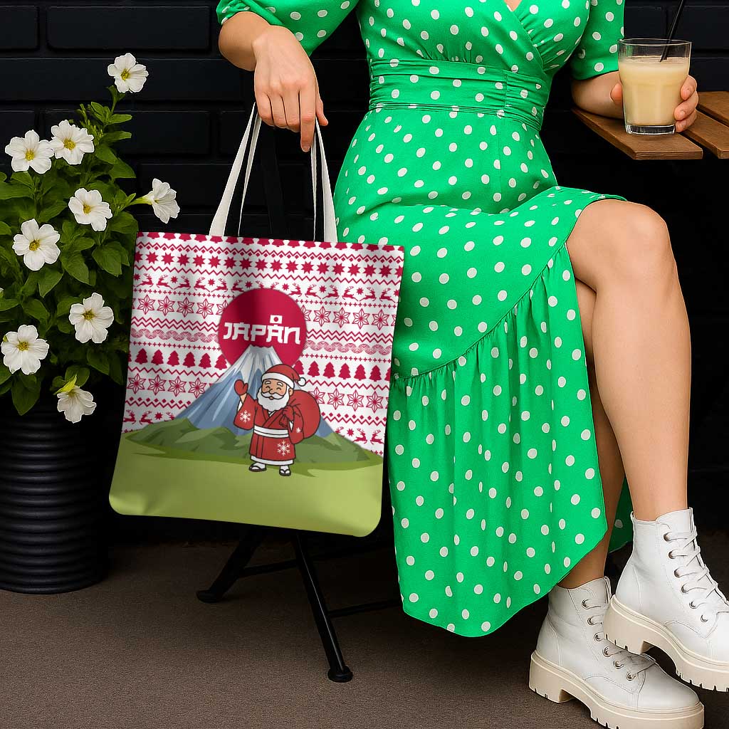 Japan Christmas Tote Bag with Santa Mount Fuji Rising Sun and Festive Pattern Design - Wonder Print Shop