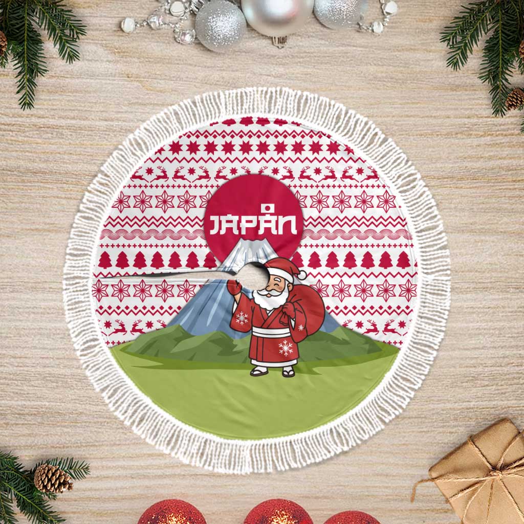 Japan Christmas Tree Skirt with Santa Mount Fuji Rising Sun and Festive Pattern Design - Wonder Print Shop