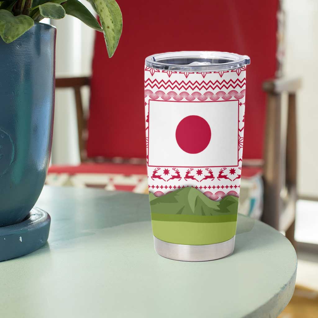 Japan Christmas Tumbler Cup with Santa Mount Fuji Rising Sun and Festive Pattern Design - Wonder Print Shop