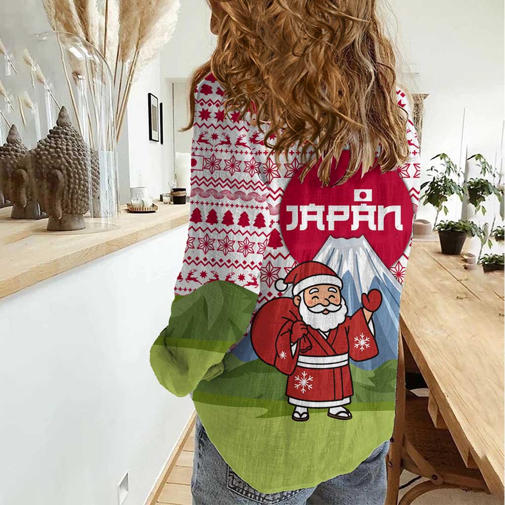 Japan Christmas Women Casual Shirt with Santa Mount Fuji Rising Sun and Festive Pattern Design - Wonder Print Shop