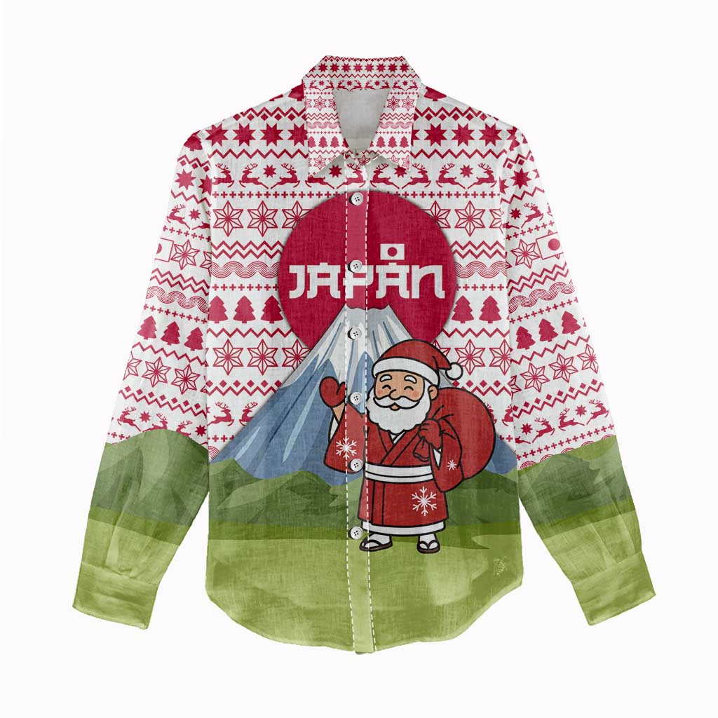 Japan Christmas Women Casual Shirt with Santa Mount Fuji Rising Sun and Festive Pattern Design - Wonder Print Shop