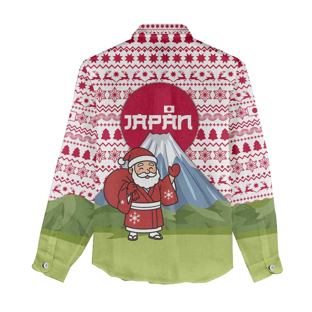 Japan Christmas Women Casual Shirt with Santa Mount Fuji Rising Sun and Festive Pattern Design - Wonder Print Shop