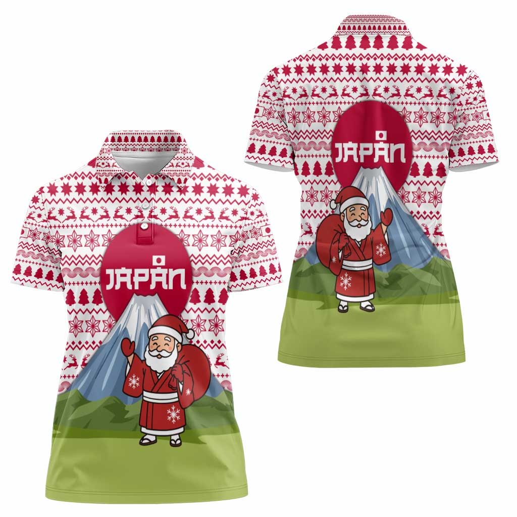 Japan Christmas Women Polo Shirt with Santa Mount Fuji Rising Sun and Festive Pattern Design - Wonder Print Shop