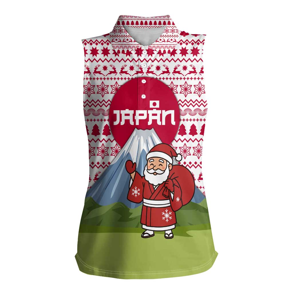 Japan Christmas Women Sleeveless Polo Shirt with Santa Mount Fuji Rising Sun and Festive Pattern Design - Wonder Print Shop
