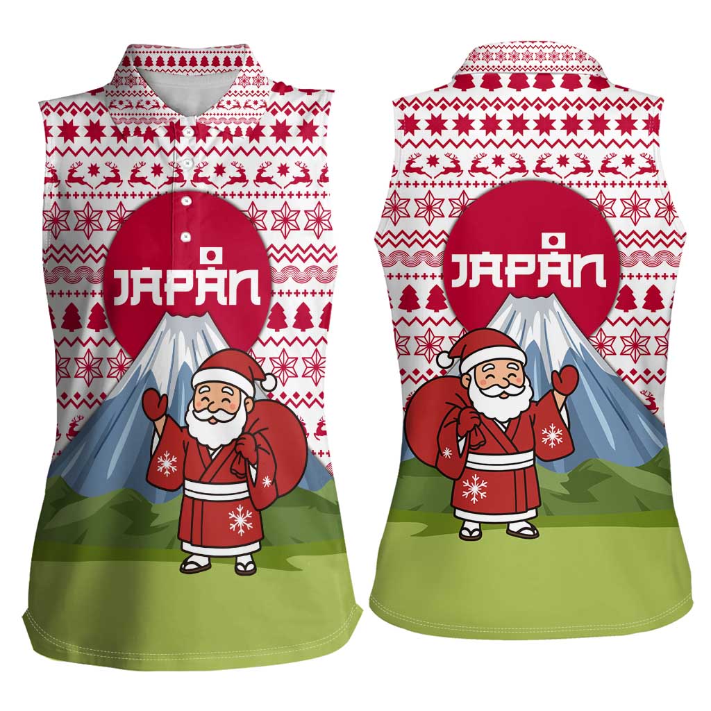 Japan Christmas Women Sleeveless Polo Shirt with Santa Mount Fuji Rising Sun and Festive Pattern Design - Wonder Print Shop