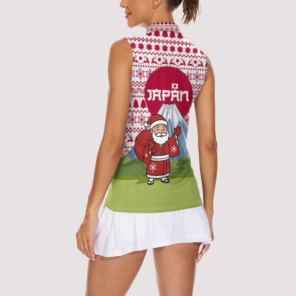 Japan Christmas Women Sleeveless Polo Shirt with Santa Mount Fuji Rising Sun and Festive Pattern Design - Wonder Print Shop