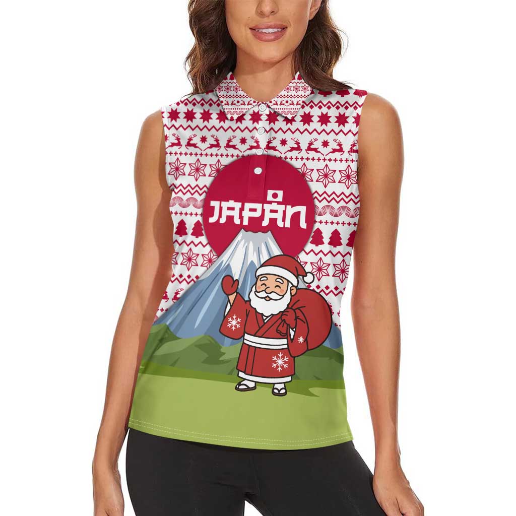 Japan Christmas Women Sleeveless Polo Shirt with Santa Mount Fuji Rising Sun and Festive Pattern Design - Wonder Print Shop