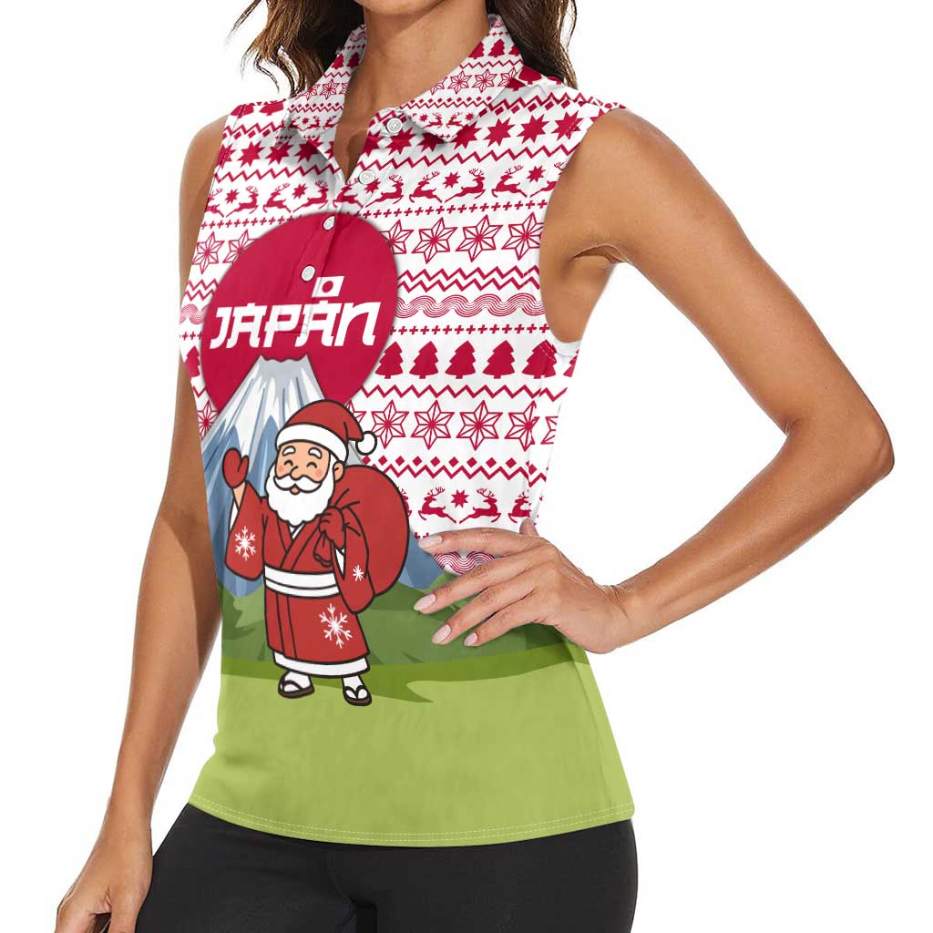Japan Christmas Women Sleeveless Polo Shirt with Santa Mount Fuji Rising Sun and Festive Pattern Design - Wonder Print Shop