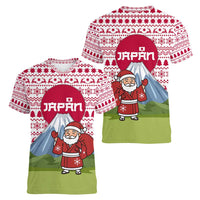 Japan Christmas Women V-Neck T-Shirt with Santa Mount Fuji Rising Sun and Festive Pattern Design - Wonder Print Shop