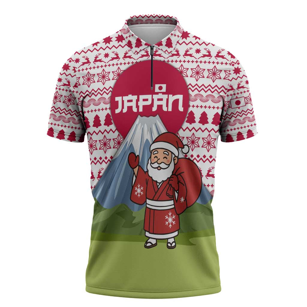 Japan Christmas Zipper Polo Shirt with Santa Mount Fuji Rising Sun and Festive Pattern Design - Wonder Print Shop