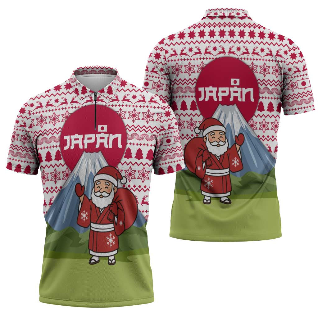 Japan Christmas Zipper Polo Shirt with Santa Mount Fuji Rising Sun and Festive Pattern Design - Wonder Print Shop