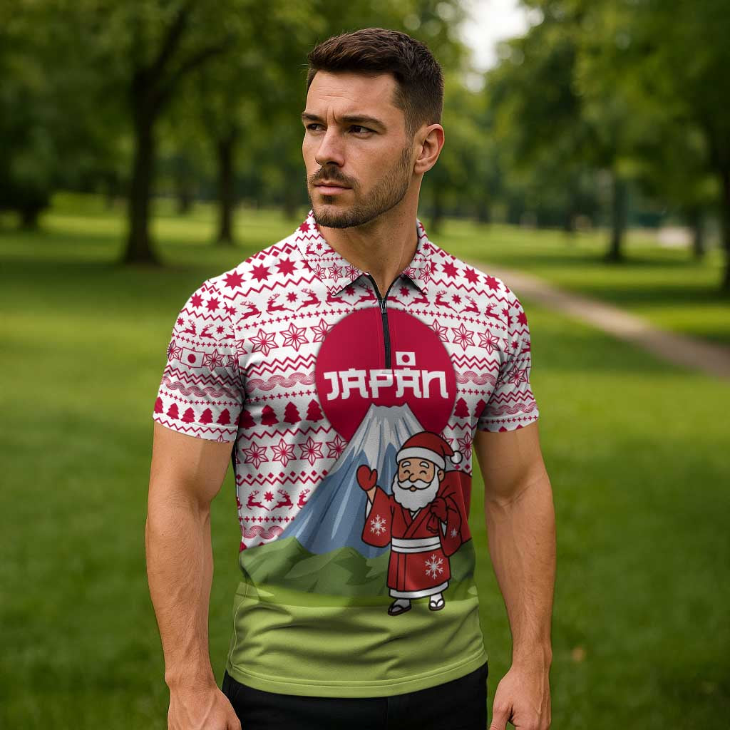 Japan Christmas Zipper Polo Shirt with Santa Mount Fuji Rising Sun and Festive Pattern Design - Wonder Print Shop