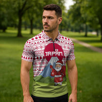Japan Christmas Zipper Polo Shirt with Santa Mount Fuji Rising Sun and Festive Pattern Design - Wonder Print Shop