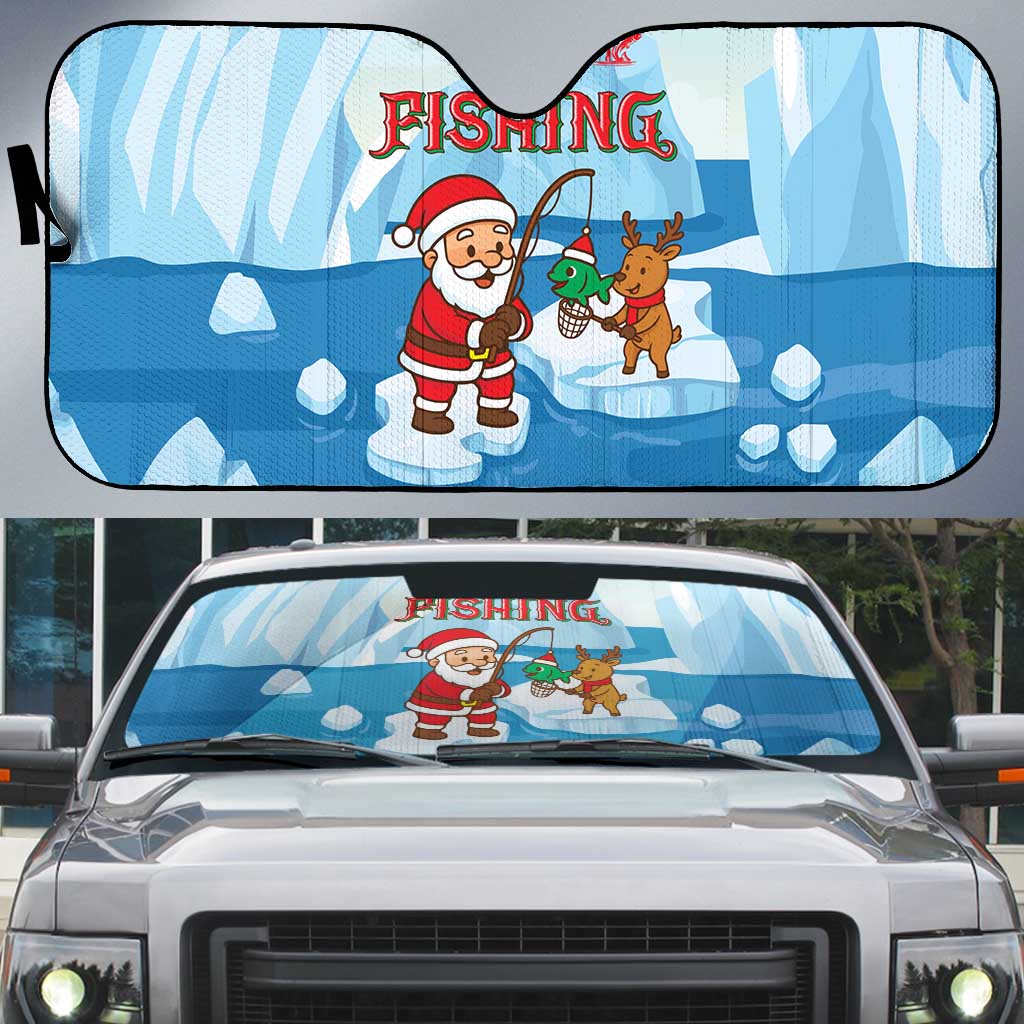 Christmas Fishing Auto Sun Shade with Santa Claus Reindeer Iceberg and Merry Fishmas Design - Wonder Print Shop
