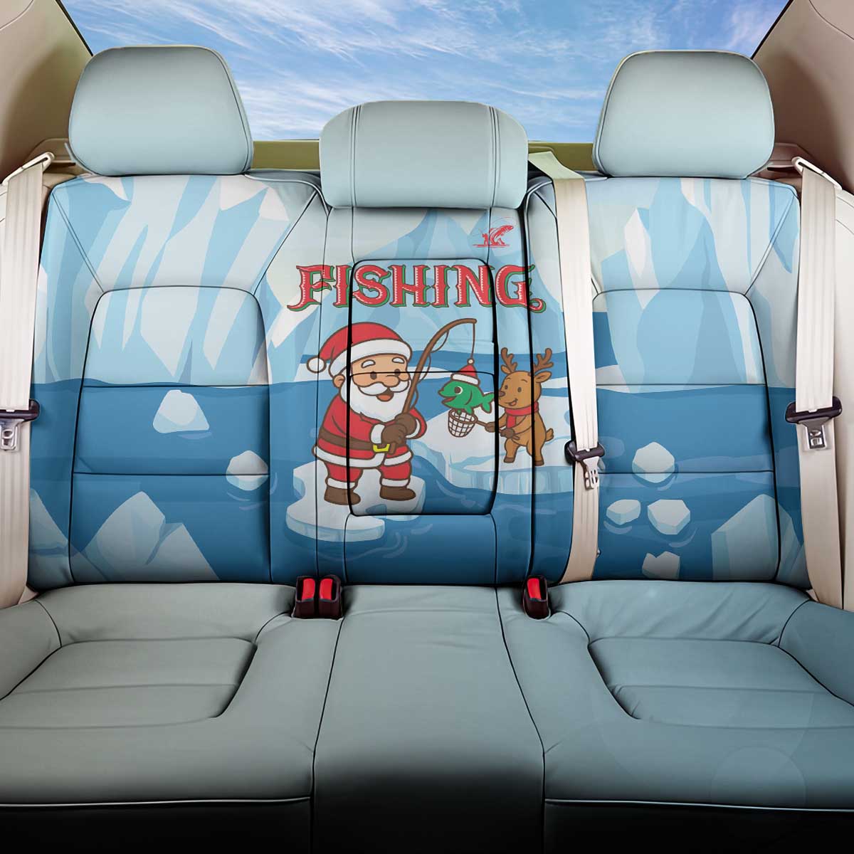 Christmas Fishing Back Car Seat Cover with Santa Claus Reindeer Iceberg and Merry Fishmas Design - Wonder Print Shop