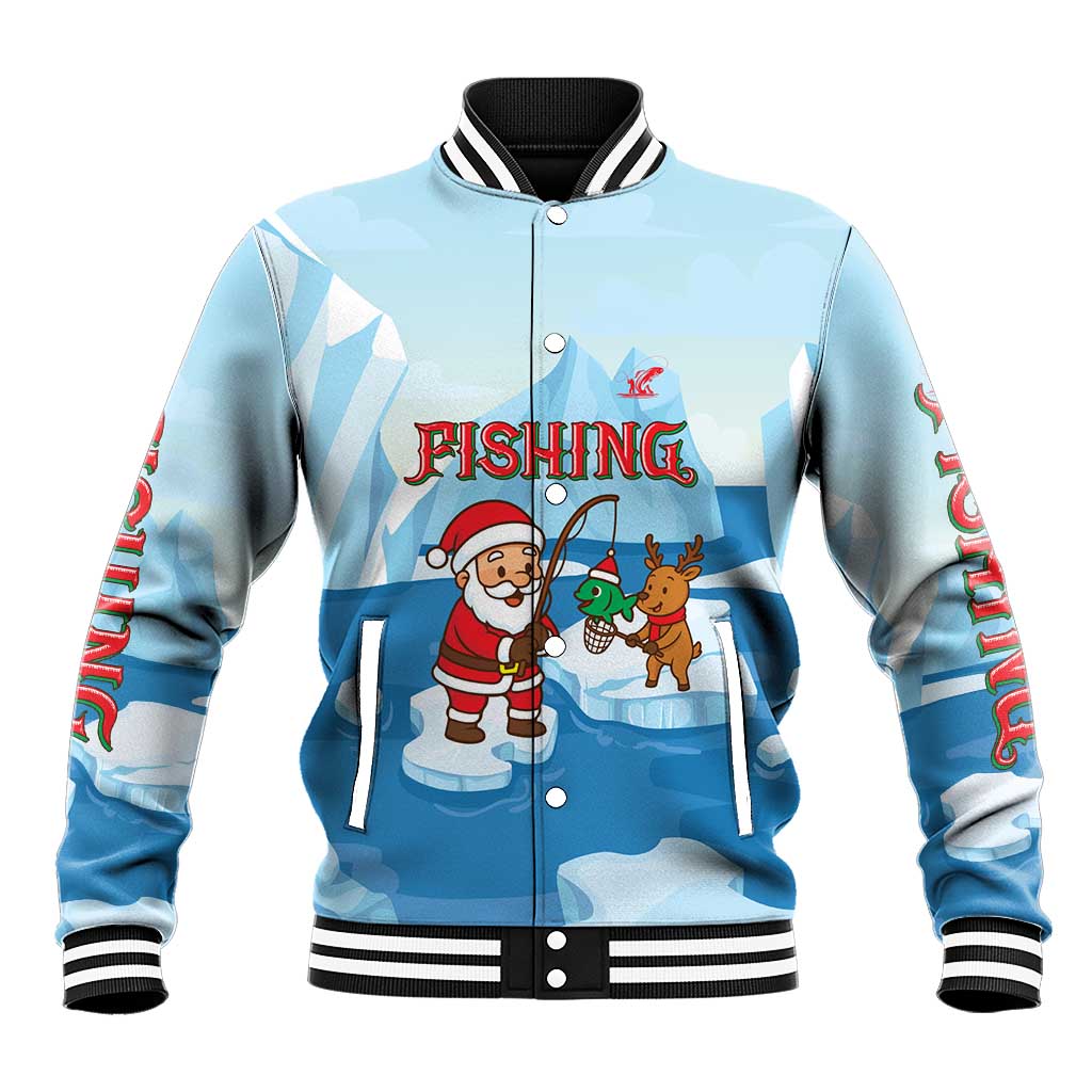 Christmas Fishing Baseball Jacket with Santa Claus Reindeer Iceberg and Merry Fishmas Design - Wonder Print Shop