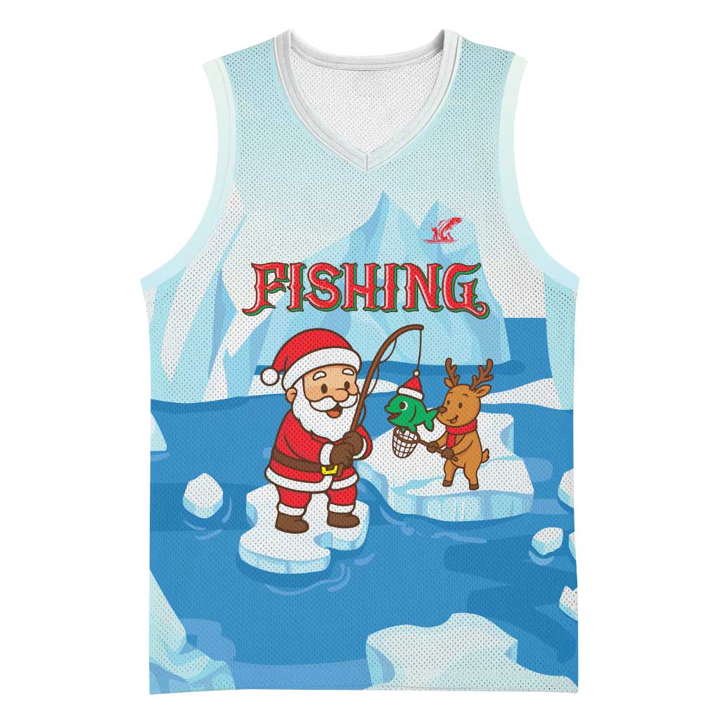 Christmas Fishing Basketball Jersey with Santa Claus Reindeer Iceberg and Merry Fishmas Design - Wonder Print Shop