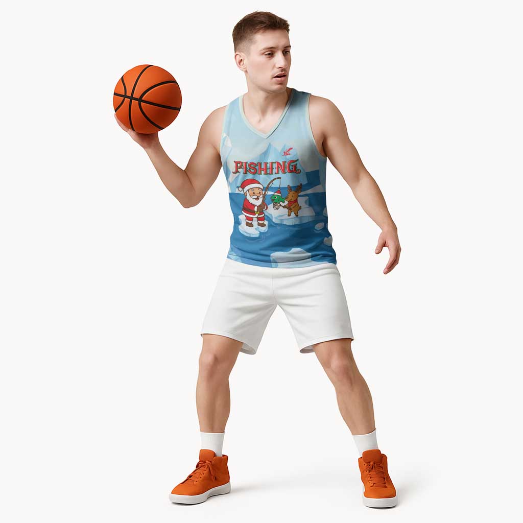 Christmas Fishing Basketball Jersey with Santa Claus Reindeer Iceberg and Merry Fishmas Design - Wonder Print Shop
