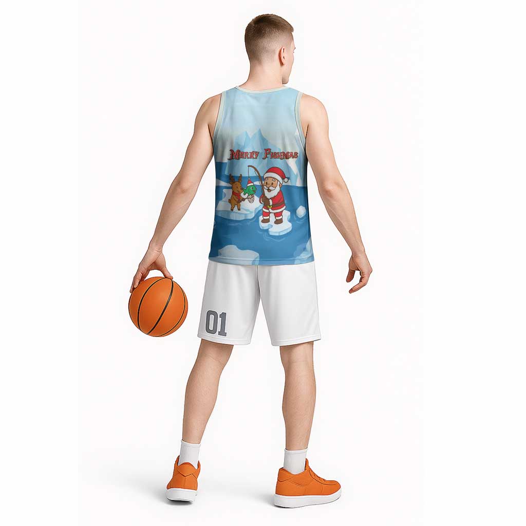Christmas Fishing Basketball Jersey with Santa Claus Reindeer Iceberg and Merry Fishmas Design - Wonder Print Shop