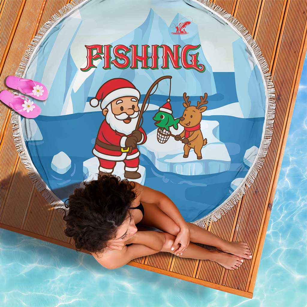 Christmas Fishing Beach Blanket with Santa Claus Reindeer Iceberg and Merry Fishmas Design - Wonder Print Shop