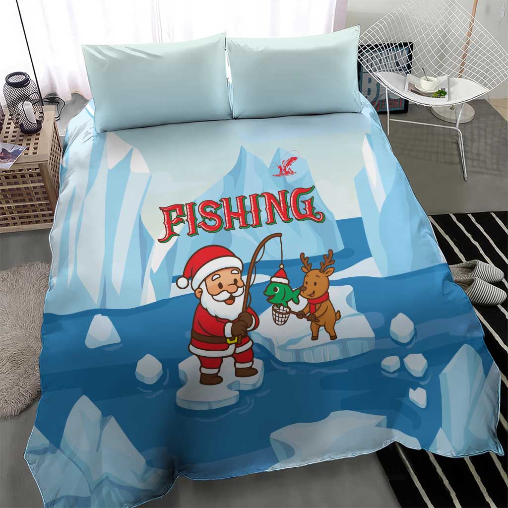Christmas Fishing Bedding Set with Santa Claus Reindeer Iceberg and Merry Fishmas Design - Wonder Print Shop