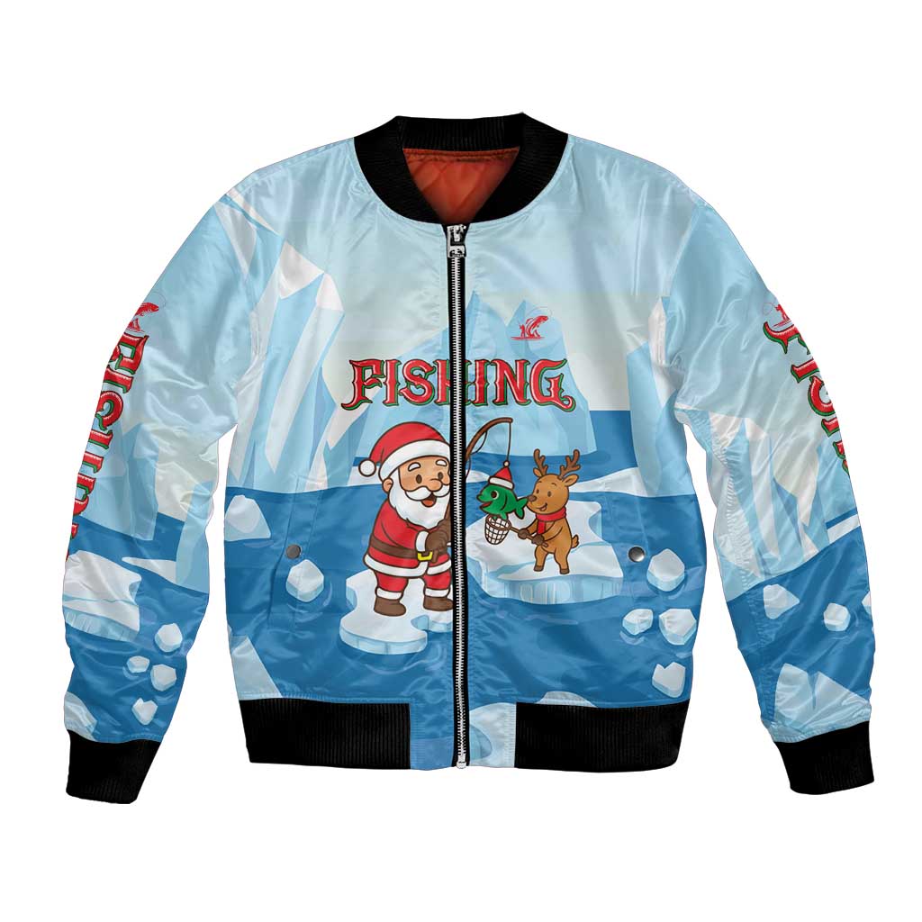 Christmas Fishing Bomber Jacket with Santa Claus Reindeer Iceberg and Merry Fishmas Design - Wonder Print Shop
