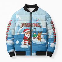 Christmas Fishing Bomber Puffer Jacket with Santa Claus Reindeer Iceberg and Merry Fishmas Design - Wonder Print Shop