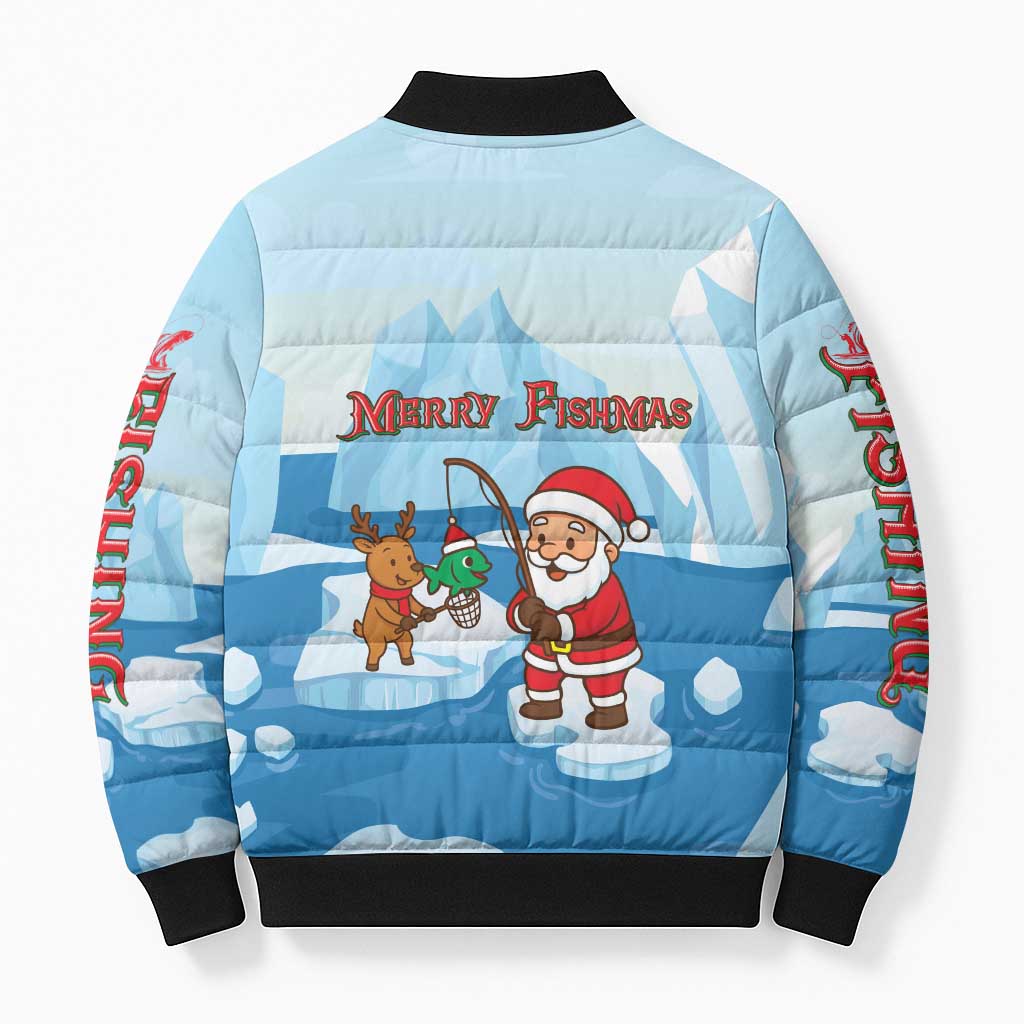 Christmas Fishing Bomber Puffer Jacket with Santa Claus Reindeer Iceberg and Merry Fishmas Design - Wonder Print Shop