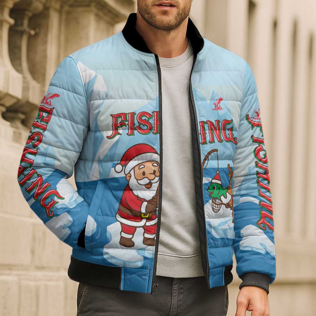 Christmas Fishing Bomber Puffer Jacket with Santa Claus Reindeer Iceberg and Merry Fishmas Design - Wonder Print Shop