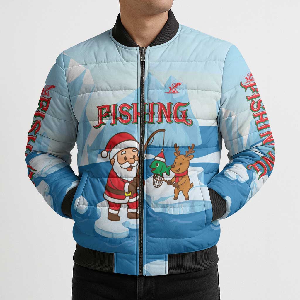 Christmas Fishing Bomber Puffer Jacket with Santa Claus Reindeer Iceberg and Merry Fishmas Design - Wonder Print Shop