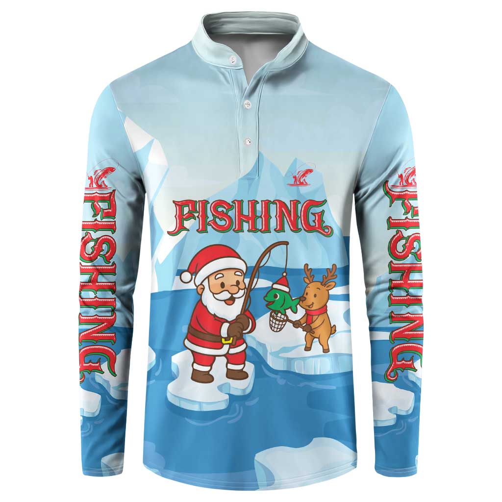 Christmas Fishing Button Sweatshirt with Santa Claus Reindeer Iceberg and Merry Fishmas Design - Wonder Print Shop