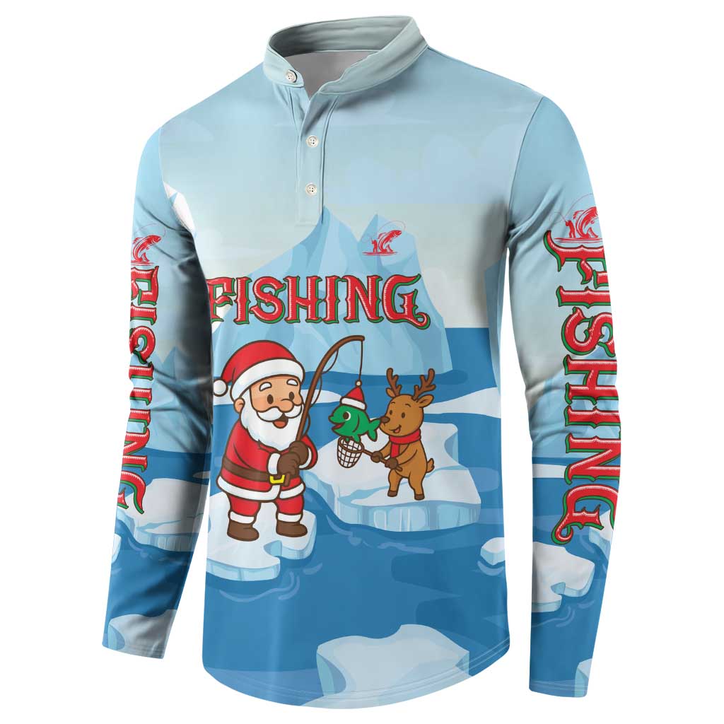 Christmas Fishing Button Sweatshirt with Santa Claus Reindeer Iceberg and Merry Fishmas Design - Wonder Print Shop