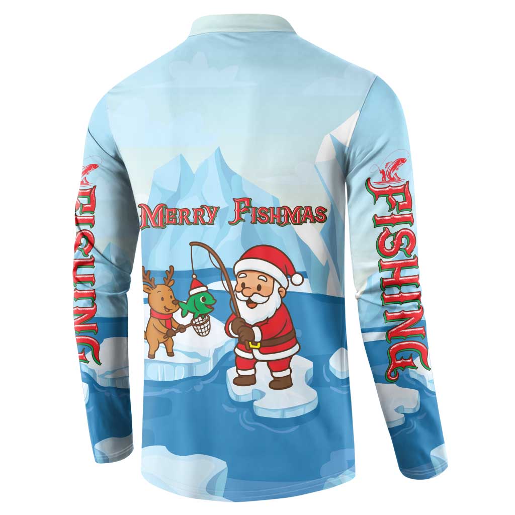Christmas Fishing Button Sweatshirt with Santa Claus Reindeer Iceberg and Merry Fishmas Design - Wonder Print Shop